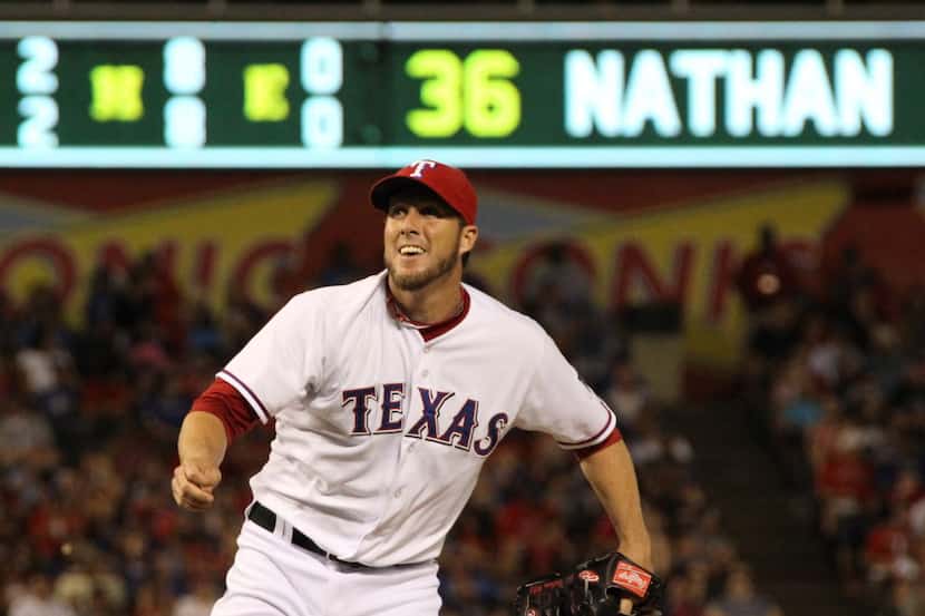 Texas closer Joe Nathan is pictured during the Texas Rangers vs. the Seattle Mariners major...
