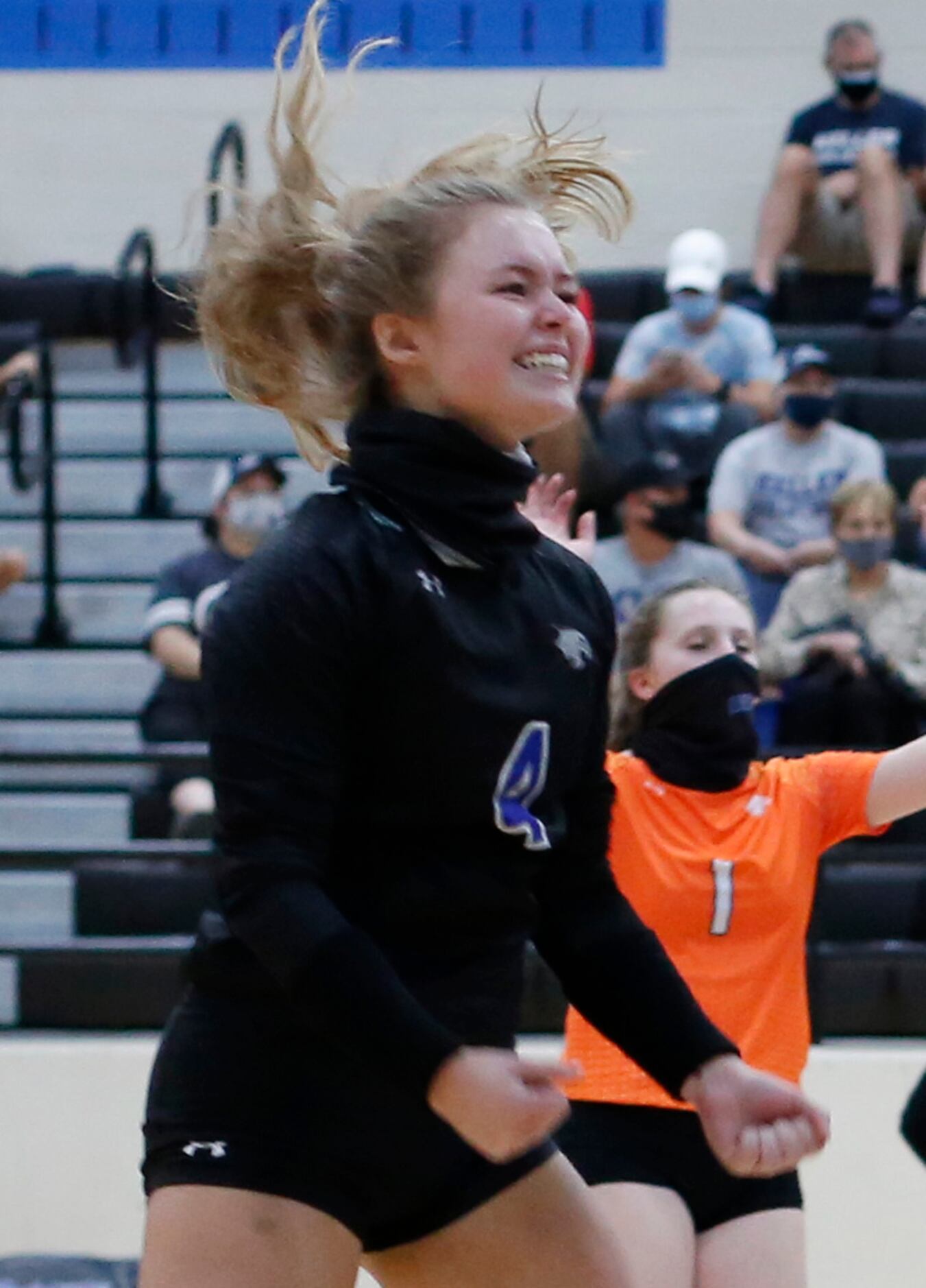 Trophy Club Byron Nelson's Brynn Bates (4) celebrates a Bobcats score during the second set...
