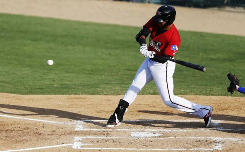 Frisco RoughRiders Nomar Mazara (9)prepares to swing at the ball during a game against the...