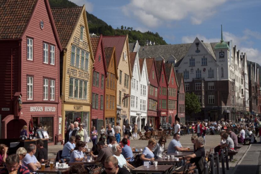 The World Heritage listed old wharf area of Bryggen, where 62 buildings remain and...