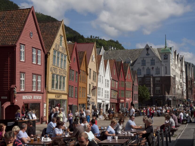 The World Heritage listed old wharf area of Bryggen, where 62 buildings remain and...