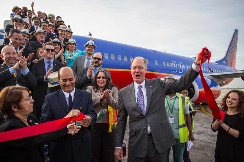 Southwest Airlines CEO Gary Kelly celebrates the launch of service to Havana, Cuba on Dec....
