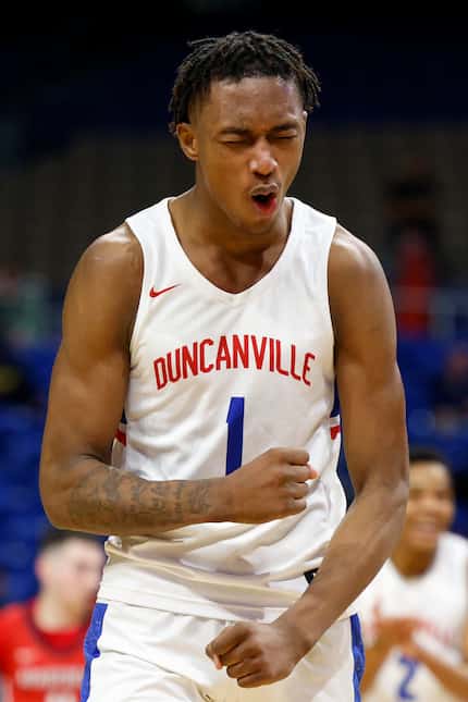 Duncanville forward Ron Holland (1) celebrates during the fourth quarter of a Class 6A state...