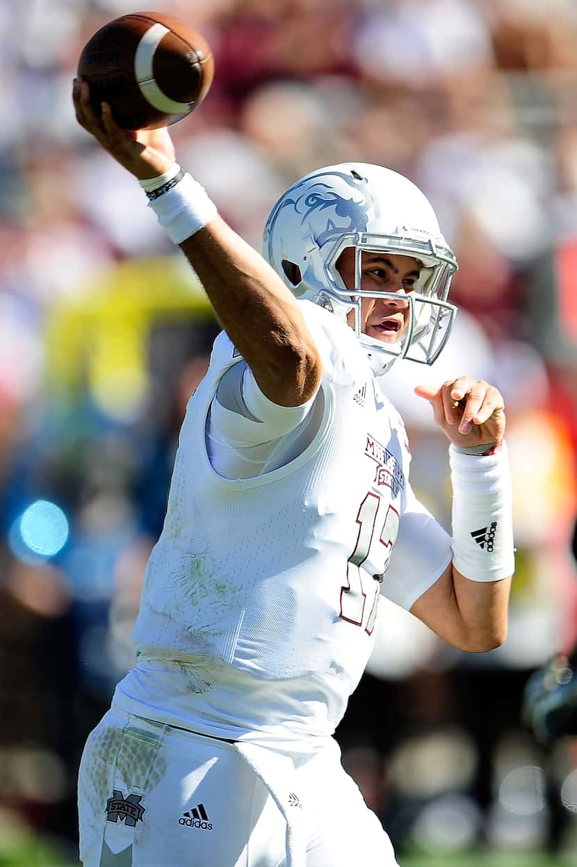 STARKVILLE, MS - NOVEMBER 03:  Tyler Russell #17 of the Mississippi State Bulldogs passes...