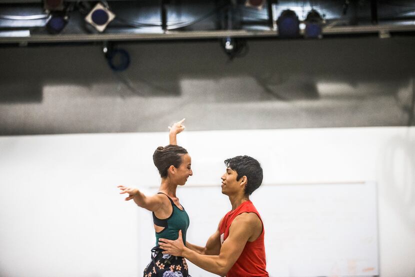 Amanda Fairweather of Texas Ballet Theater is held up by Bruce Wood Dance's Adrián Aguirre...
