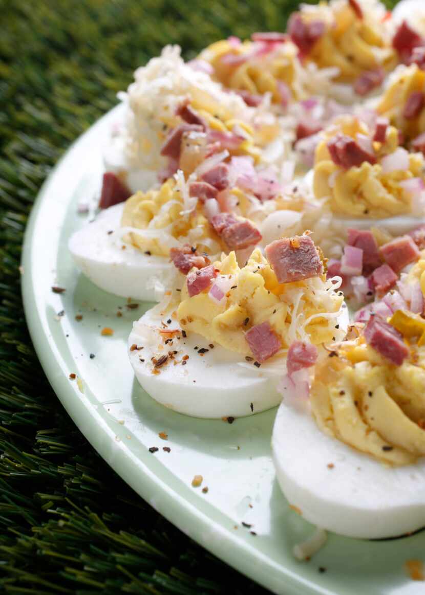 Brisket and Spicy Pickles Deviled Eggs 