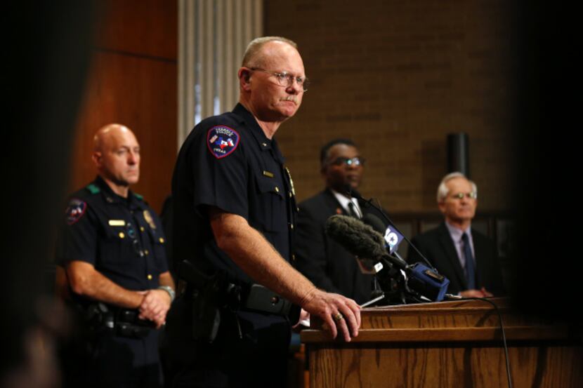 Terrell Police Chief Jody Lay answers questions about the shooting deaths of five people by...