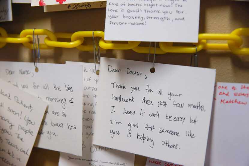 Some of the hundreds of thank-you notes sent to Parkland caregivers who volunteered to work...