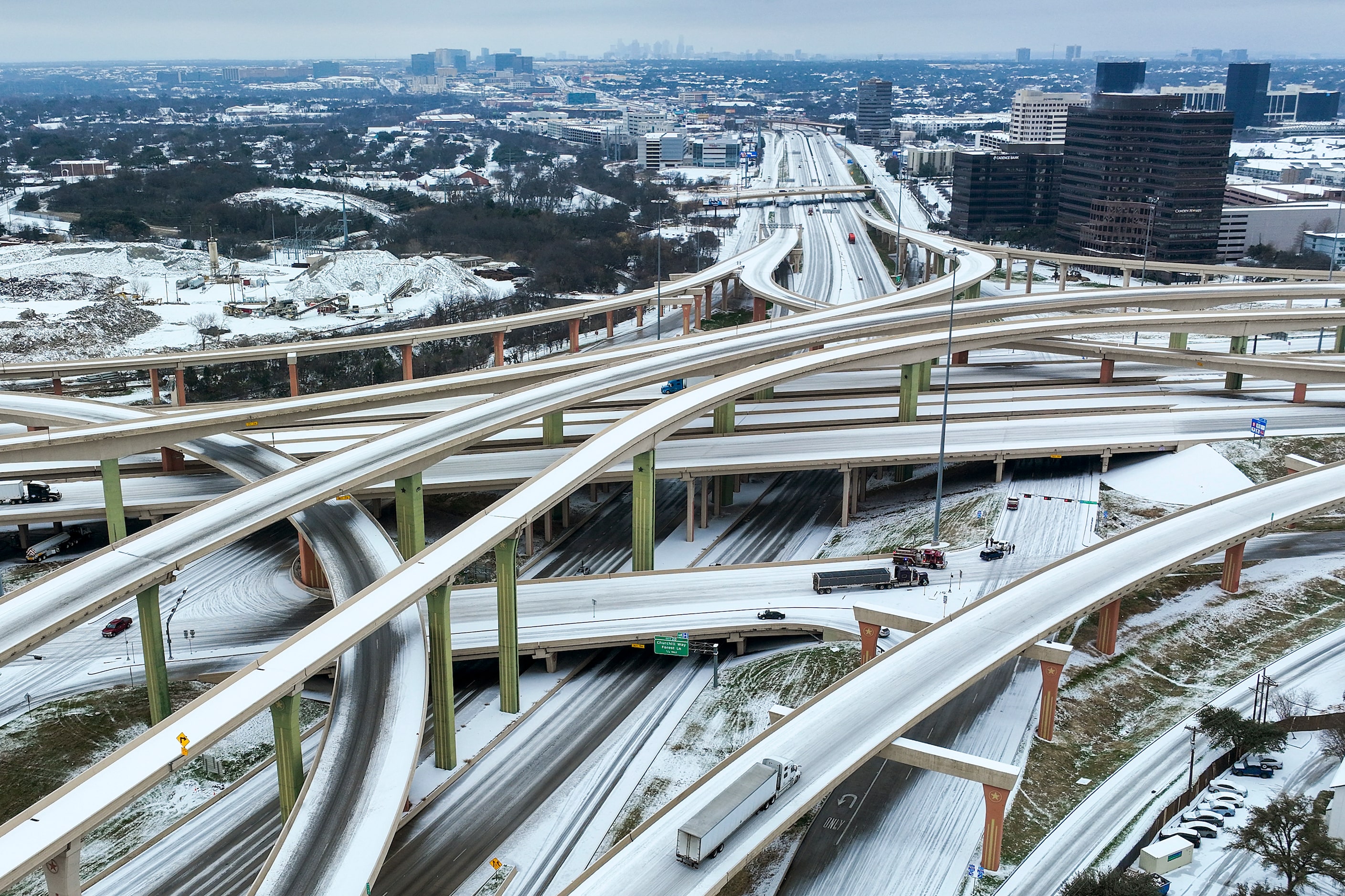 An icy mix covers the High Five Interchange at US 75 and I-635 on Tuesday, Jan. 31, 2023, at...