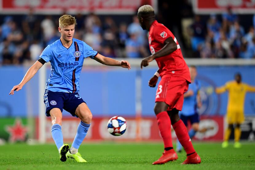 NEW YORK, NEW YORK - SEPTEMBER 11: Keaton Parks #55 of New York City FC controls the ball...