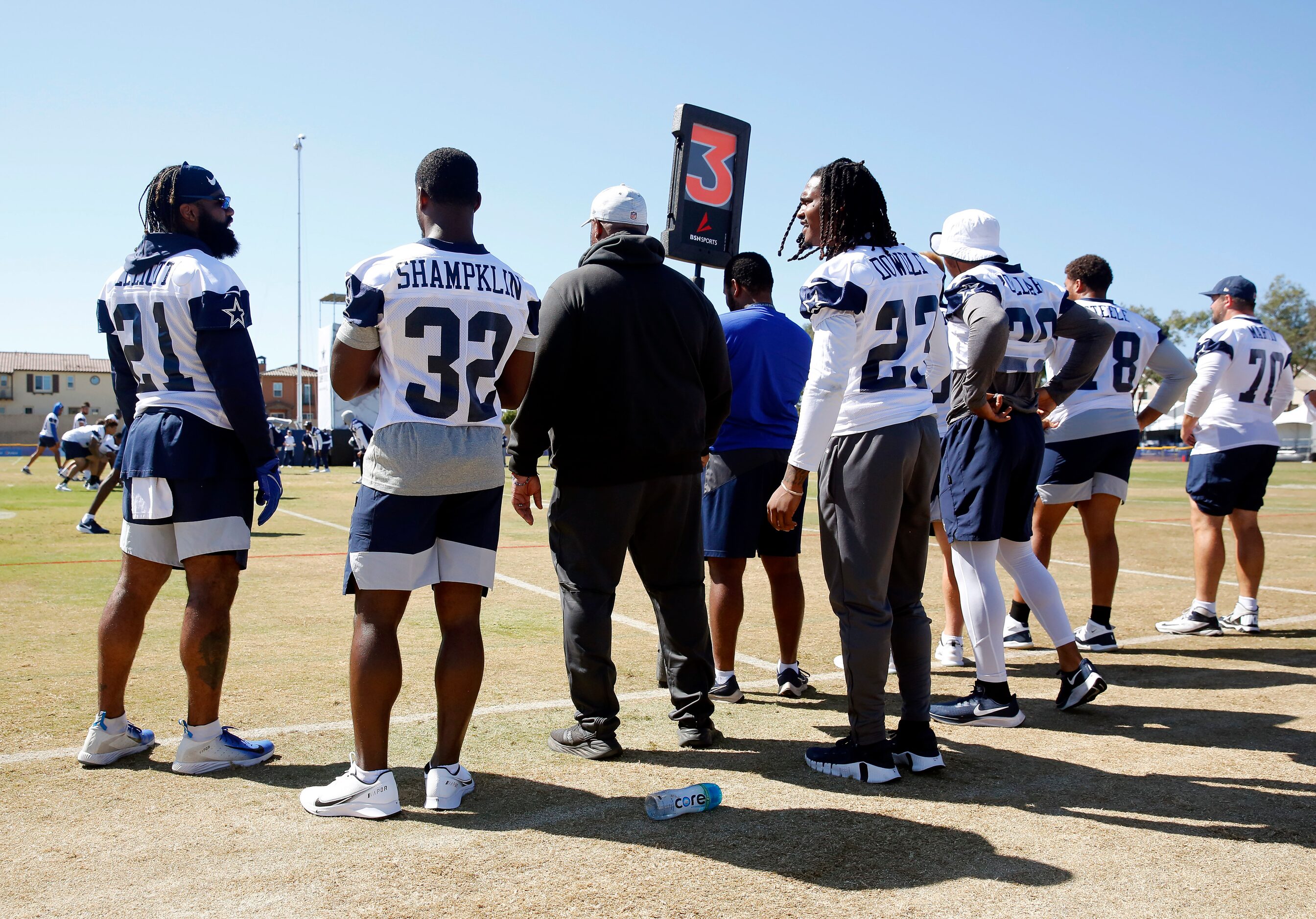 The Dallas Cowboys running backs (from left) Ezekiel Elliott (21), Aaron Shampklin (32),...