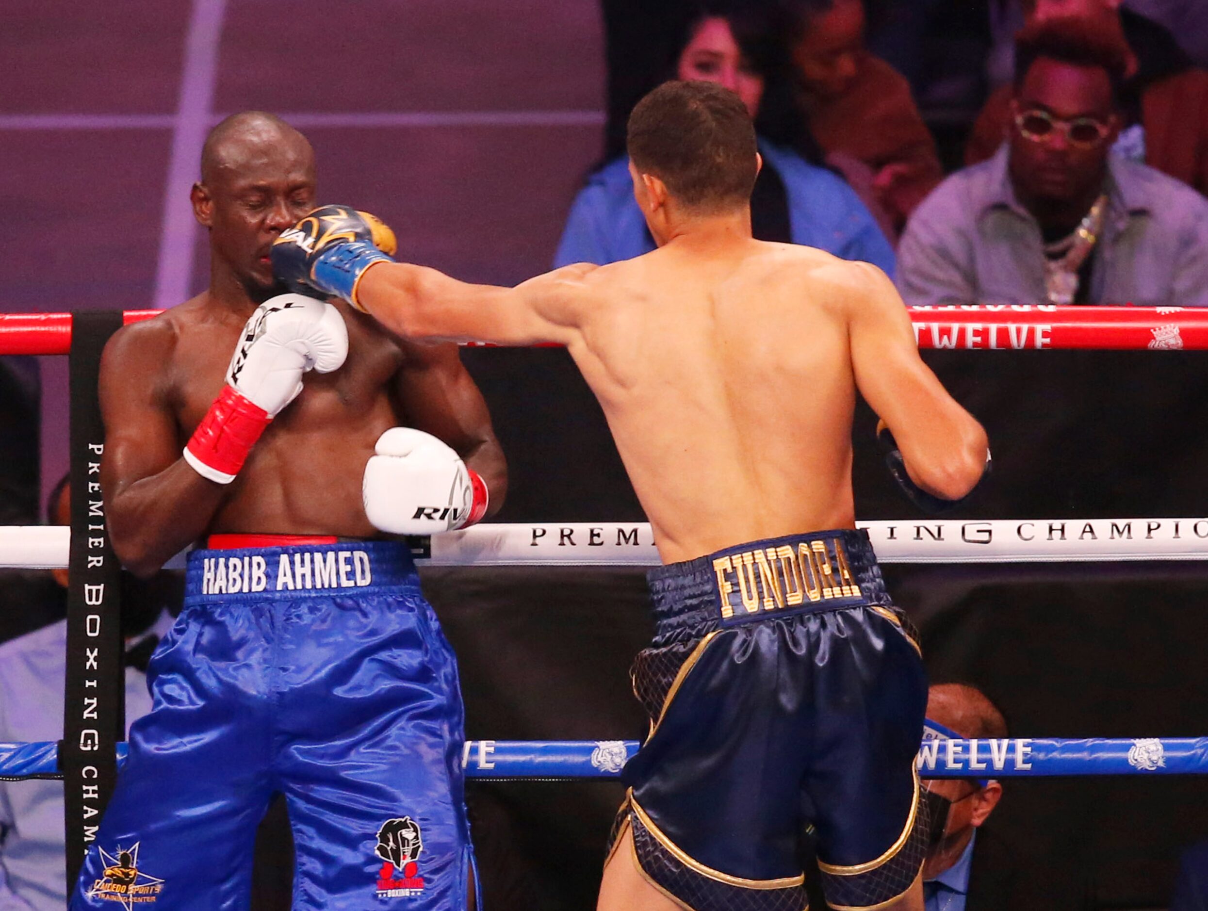 Sebastián Fundora punches Habib Ahmed during the second round of a boxing match at AT&T...