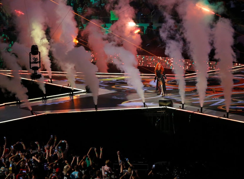 WWE Diva Becky Lynch is introduced to the crowd before the Divas Championship Triple Threat...