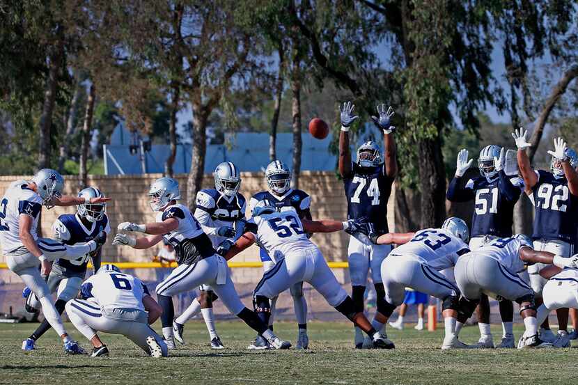 Dallas Cowboys kicker Brett Maher (2) scores a field goal during the afternoon practice at...
