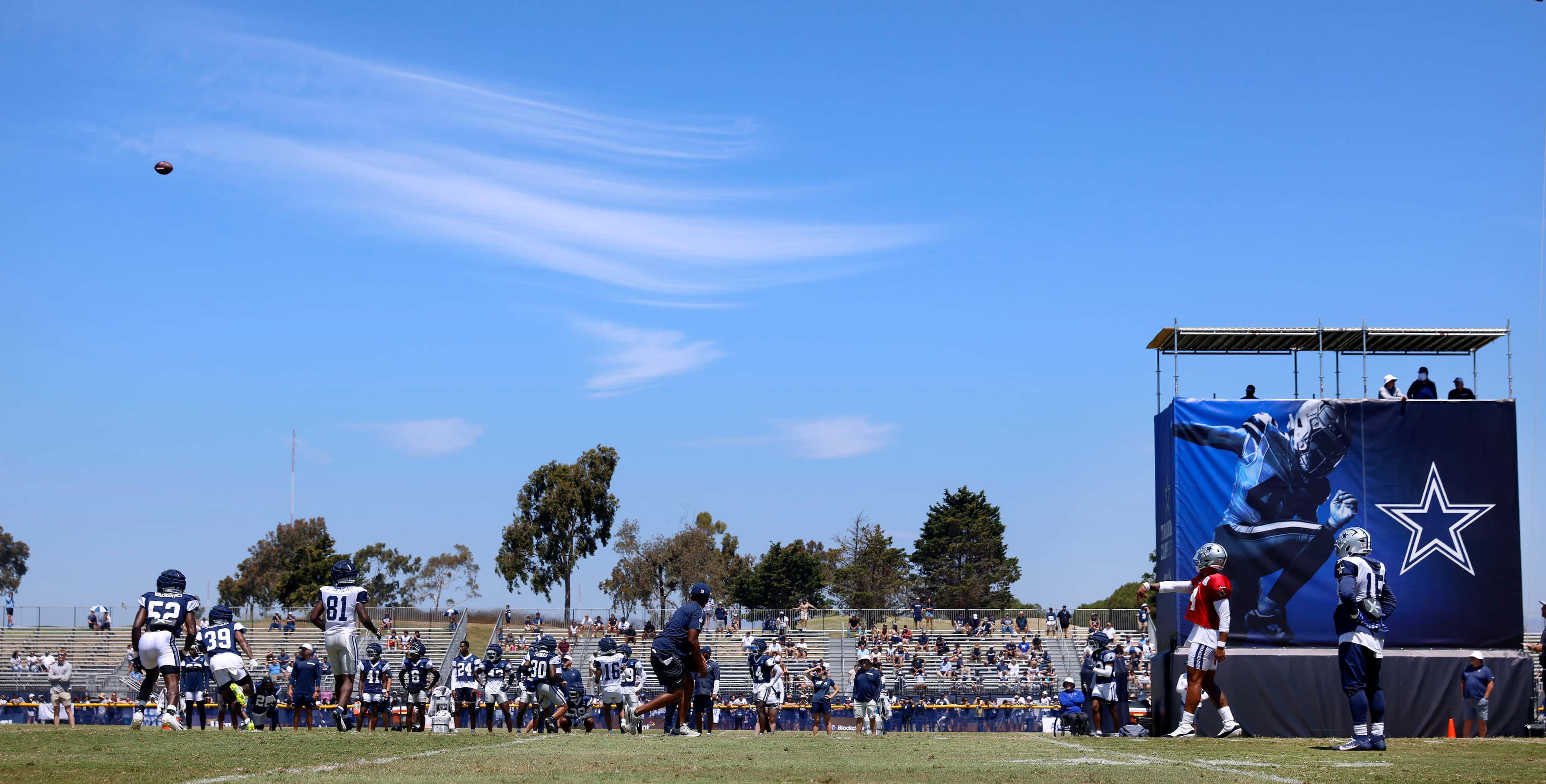 With only wisps of clouds overhead, Dallas Cowboys quarterback Dak Prescott (4) launched a...