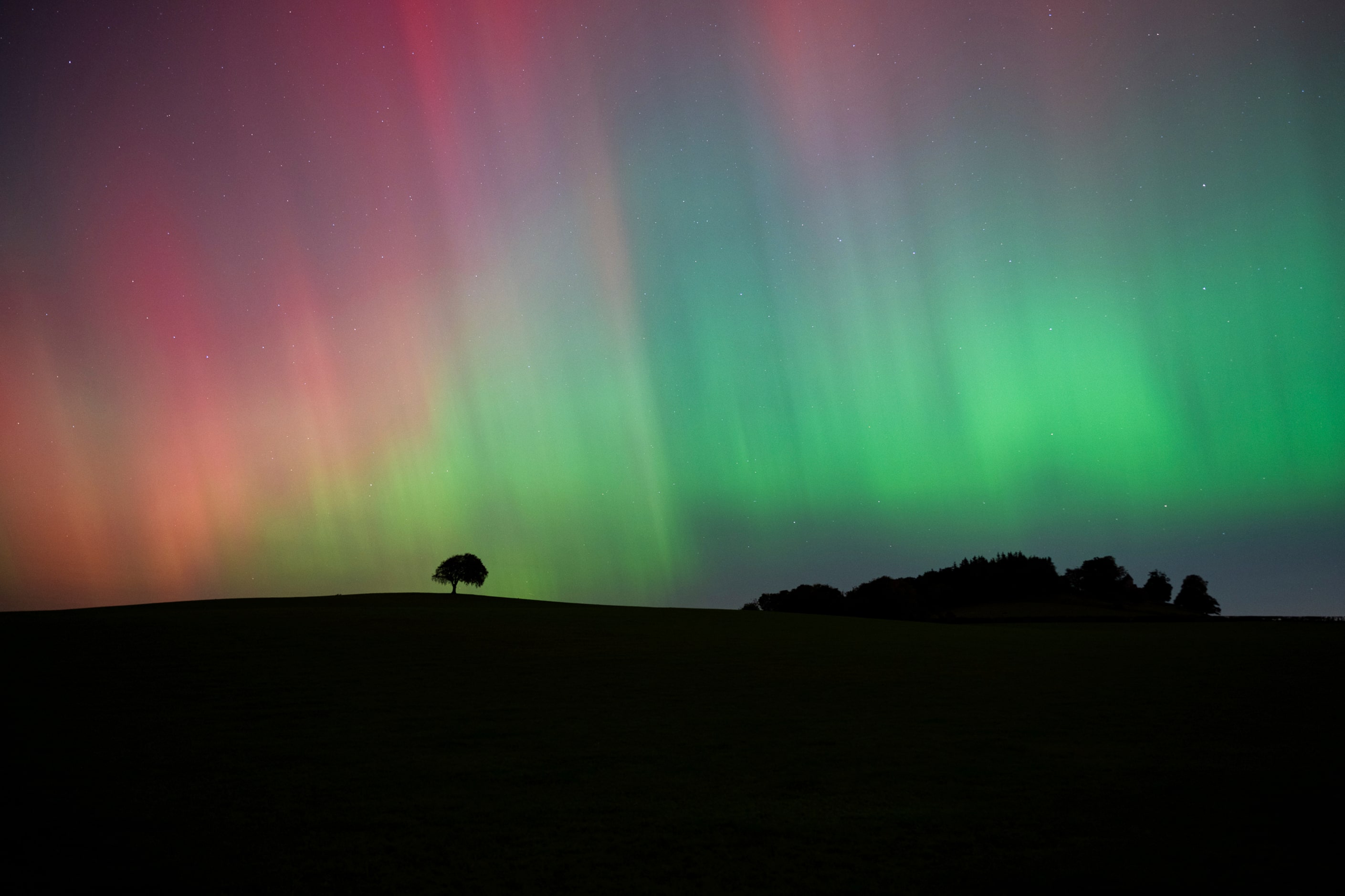 The Northern Lights are seen in the sky near Knaresborough, England on Friday, Oct. 11, 2024.