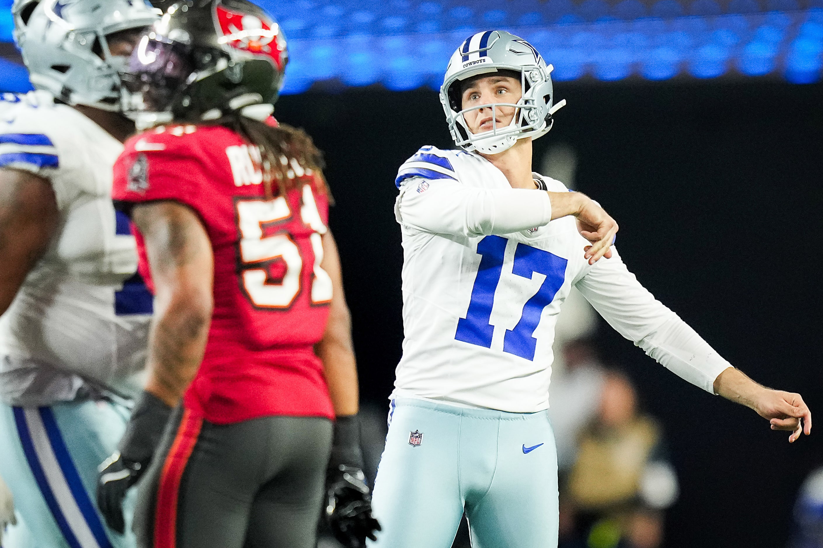 Dallas Cowboys place kicker Brandon Aubrey (17) watches a 53-yard field goal go through the...