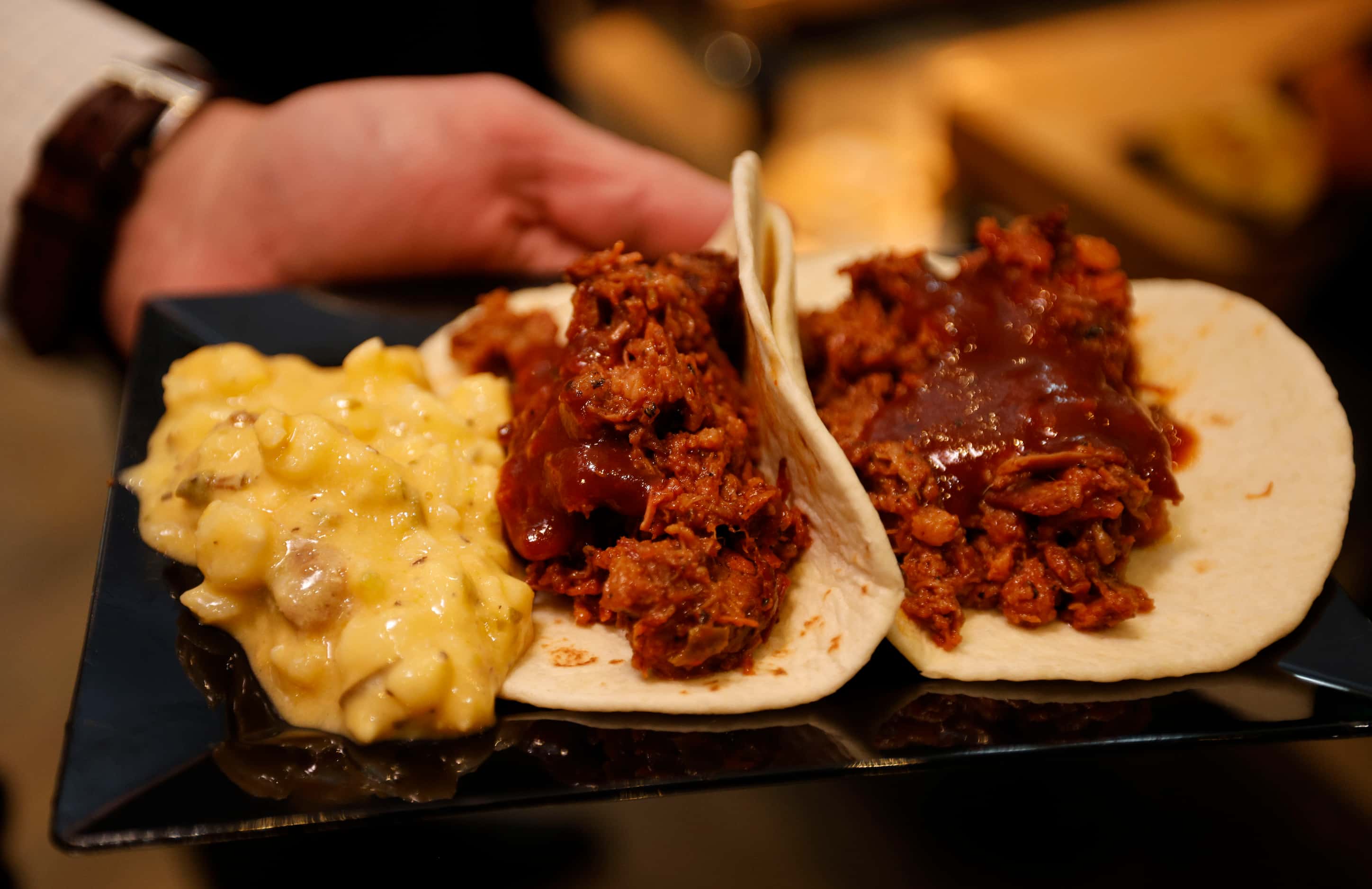 Sloppy Juan Tacos plate from Zavala’s Barbecue is seen during a media day at American...
