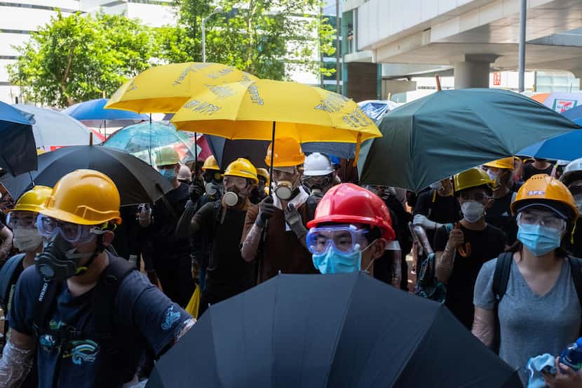 JULY 01: Protesters gather outside Legislative Council Complex protest against the...
