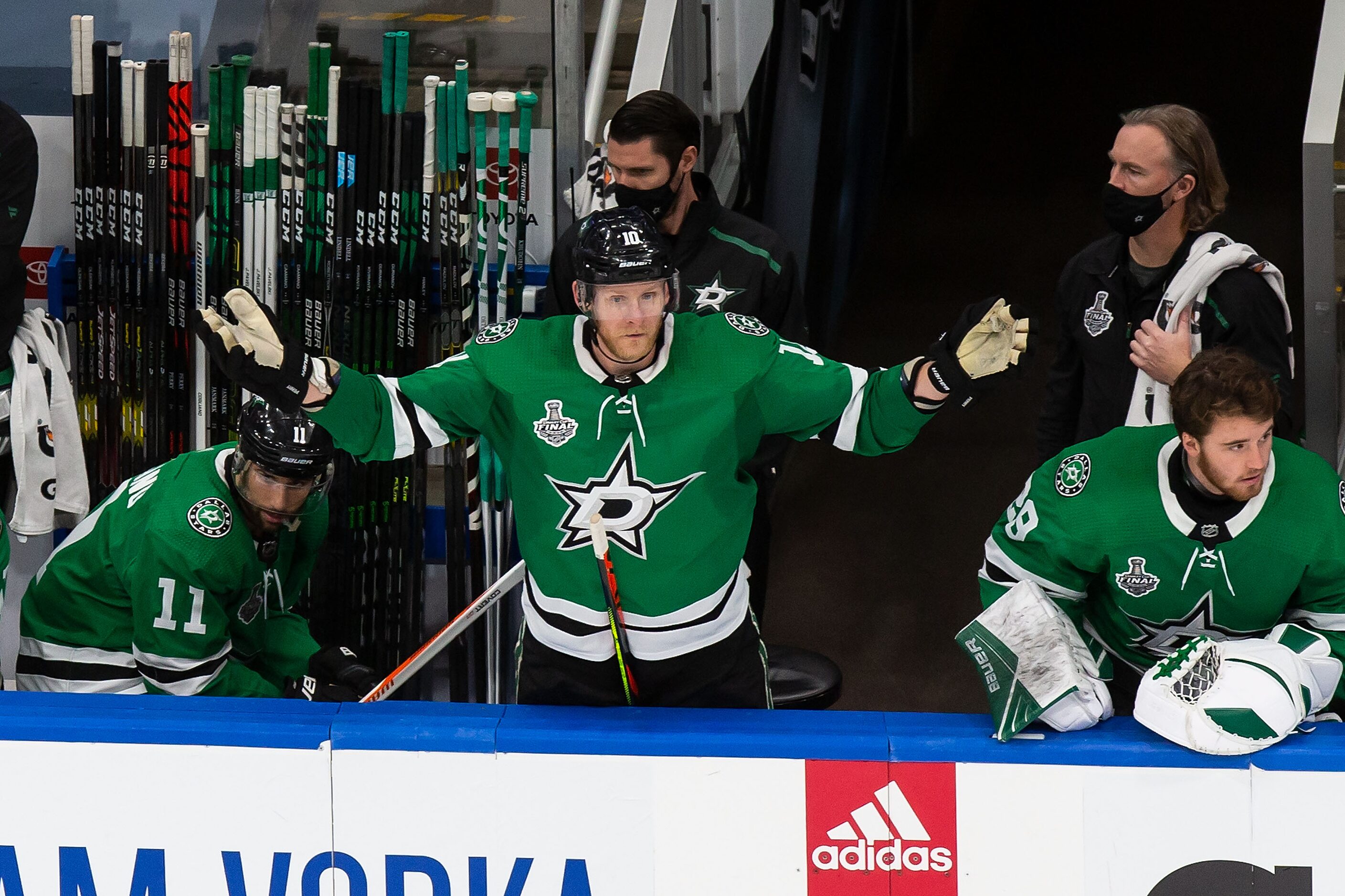 Corey Perry (10) of the Dallas Stars reacts in the dying moments of Game Six against the...