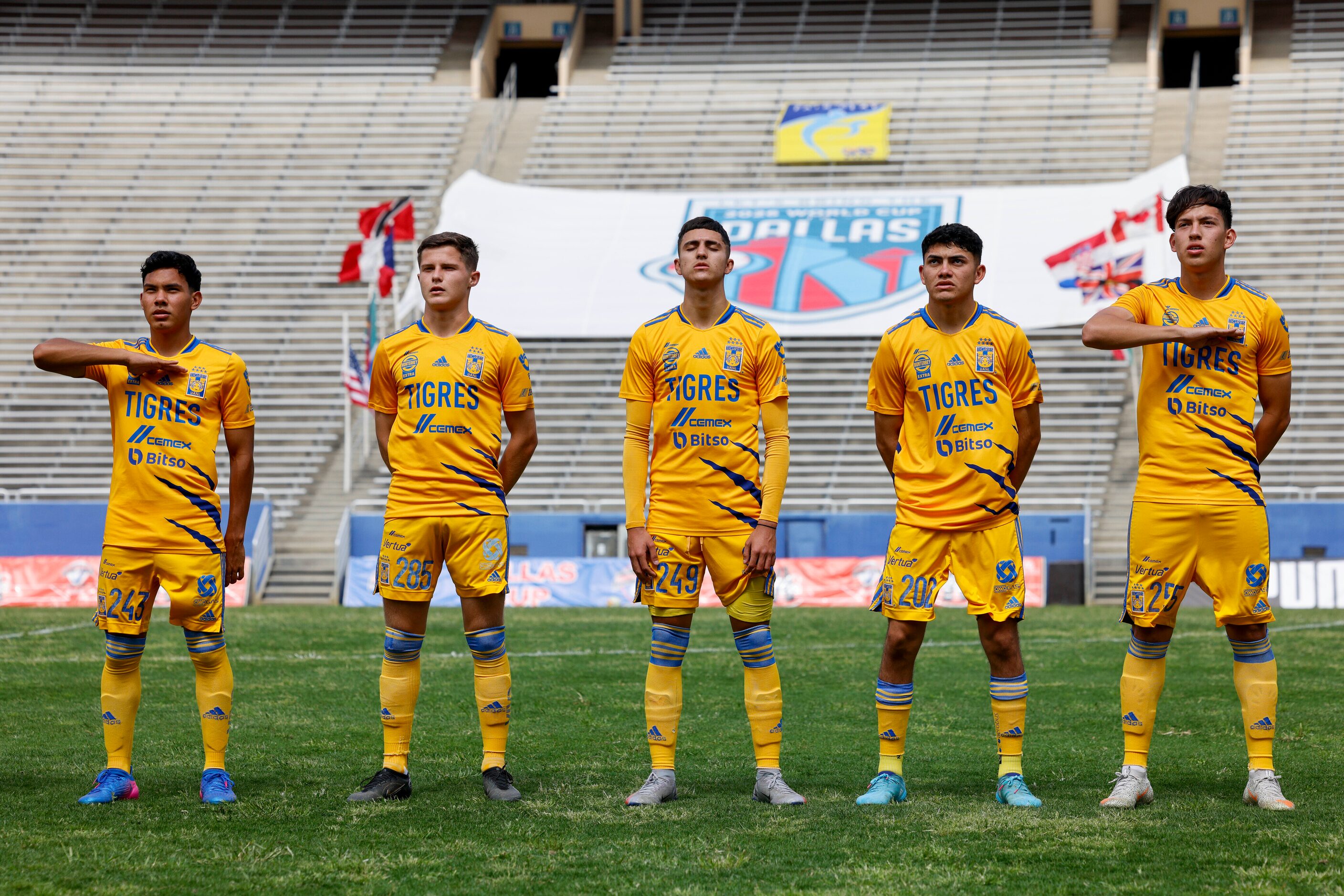 Tigres UANL players stand for the Mexican national anthem before a Dallas Cup U19 Super...