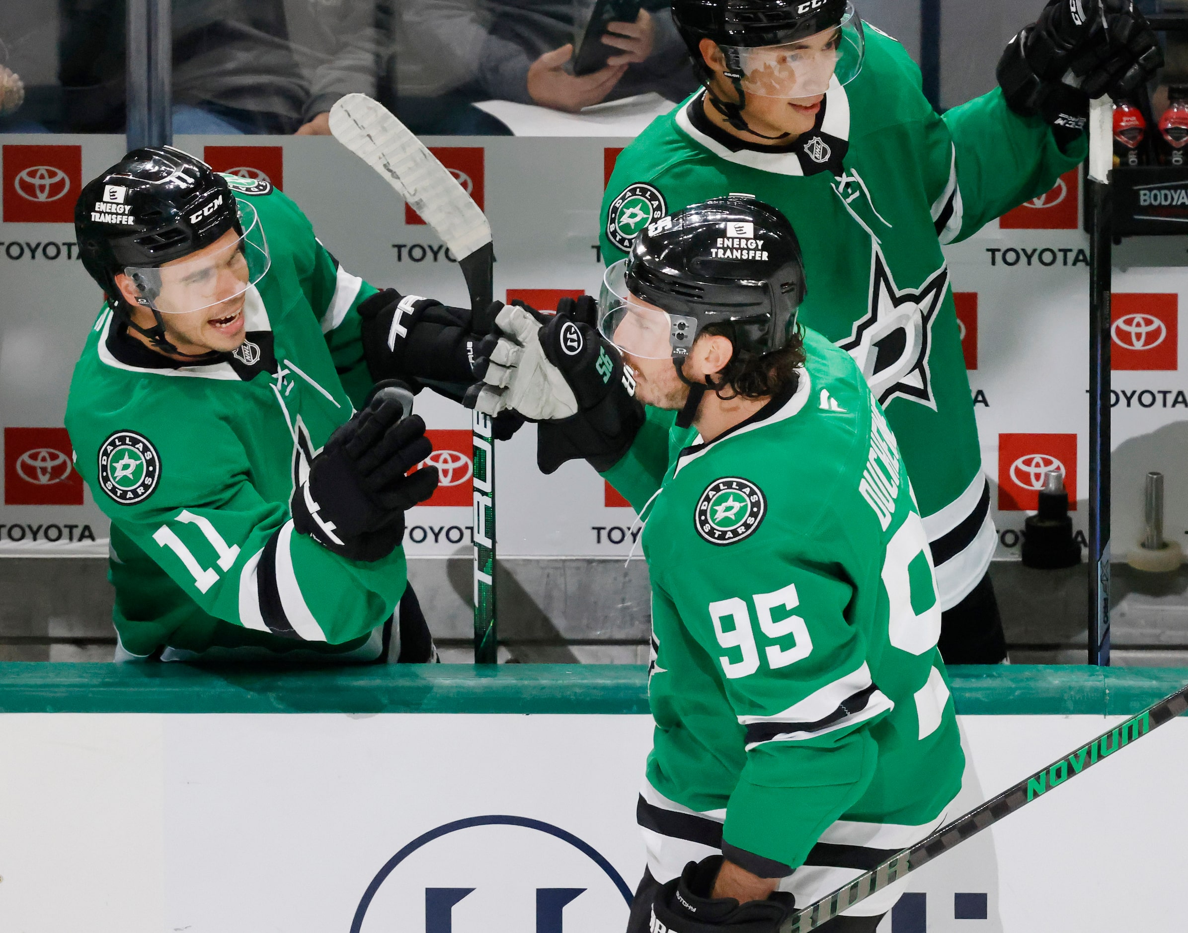 Dallas Stars center Matt Duchene (95) is congratulated on his second period goal by...