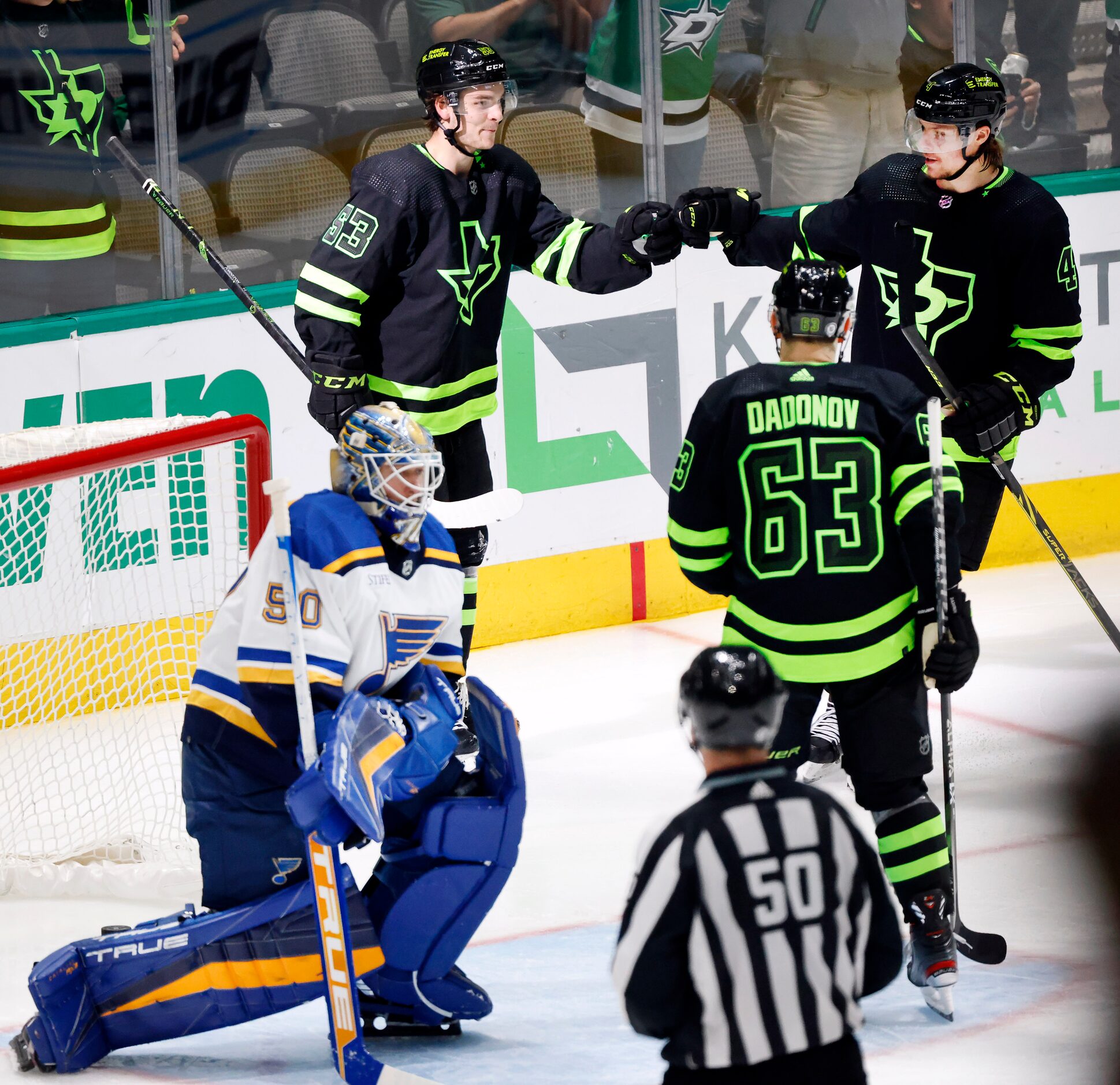 Dallas Stars center Wyatt Johnston (53) is congratulated on his third period goal by...