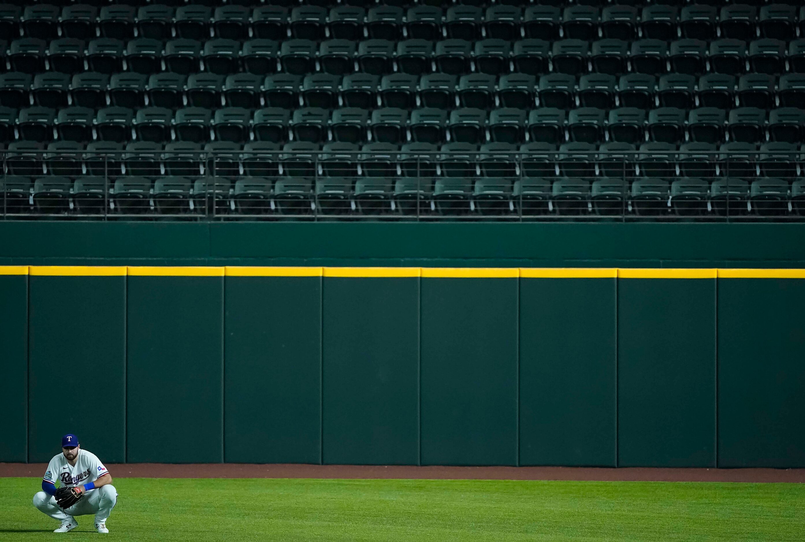 Outfielder Joey Gallo waits between hitters in an intrasquad game during Texas Rangers...