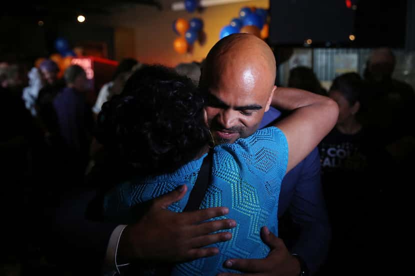 Colin Allred greets supporters after speaking during an election night party at Ozone Grill...