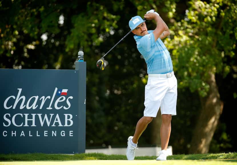 PGA golfer Rickie Fowler tees off on No. 9 during the Charles Schwab Challenge practice...