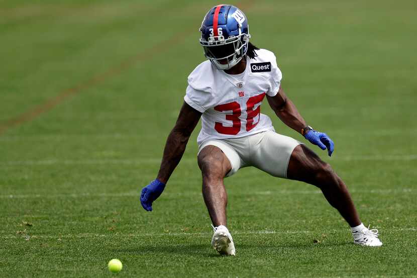 New York Giants cornerback Deonte Banks runs a drill during the NFL football team's practice...