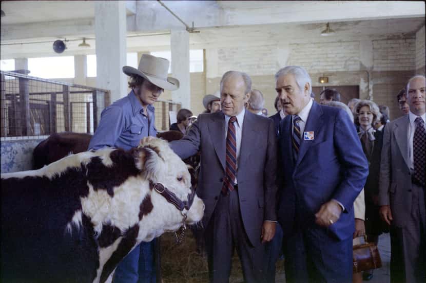 President Gerald Ford and former Texas Gov. John Connally (wearing “Ford” campaign button)...