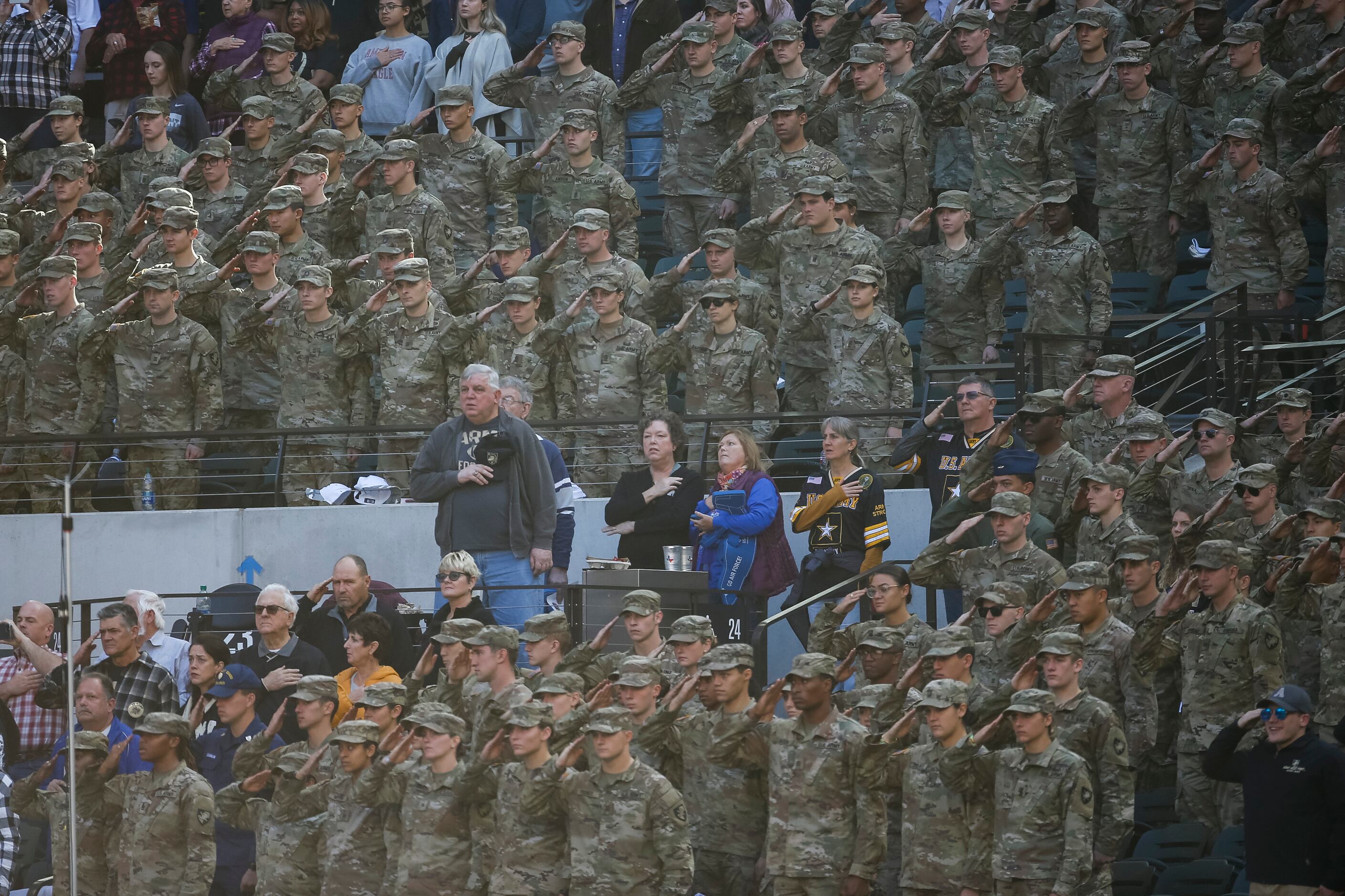 Army Black Knights section stands for the national anthem during the 2021 Lockheed Martin...