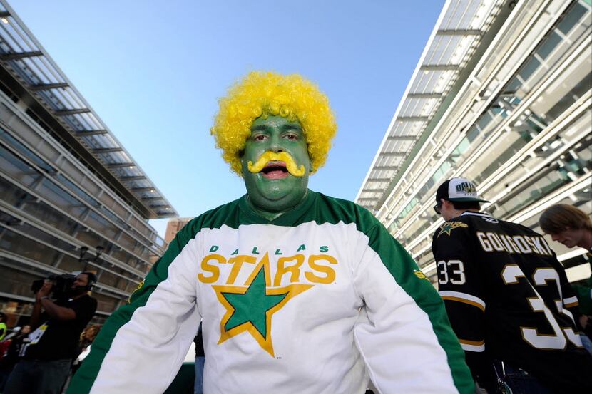 Dallas Stars fan James Andrews shows his support for the Stars before the game against the...