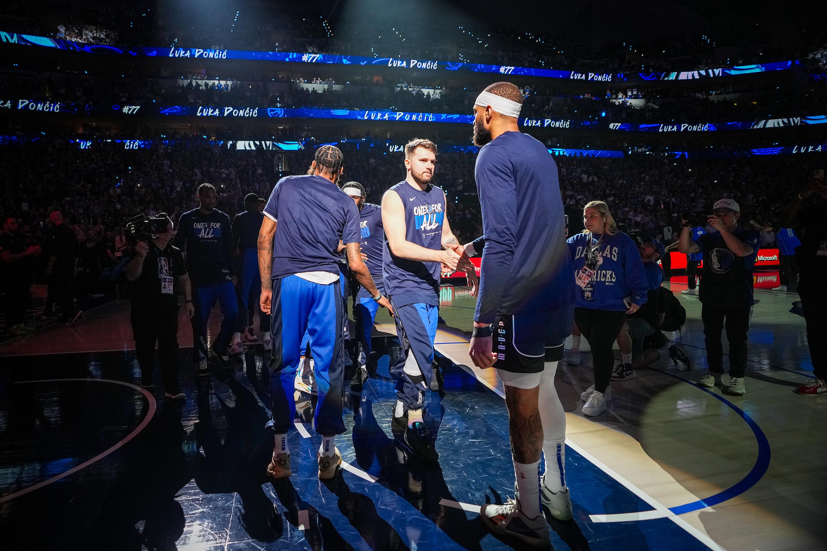 Dallas Mavericks guard Luka Doncic is introduced before Game 3 of an NBA basketball...