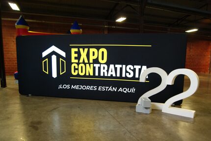 An Expo Contratista sign at the entrance of the Centennial Hall at Fair Park, Dallas, this...