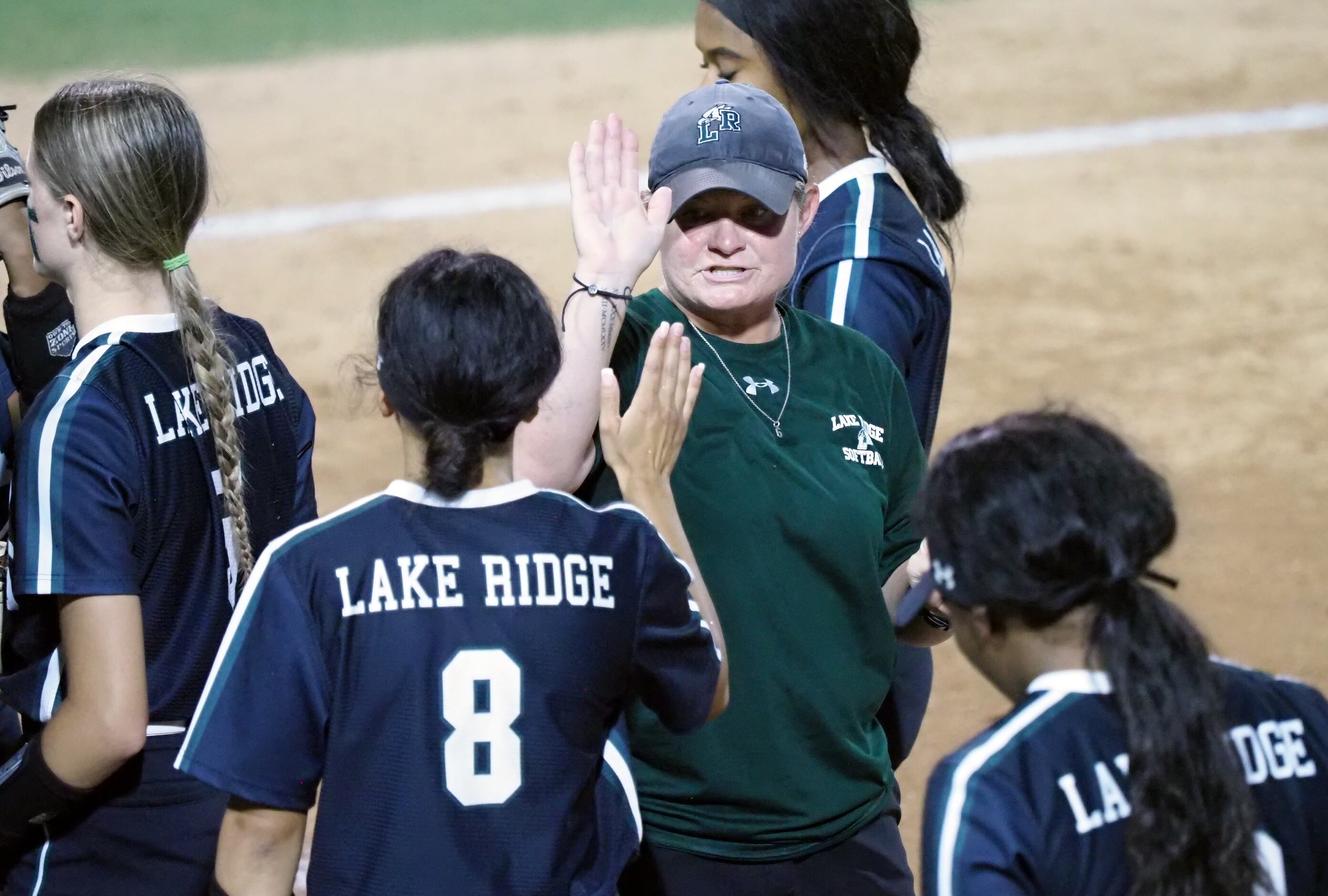 Mansfield Lake Ridge head coach Bobbi Cruff reacts with her team against Northside O’Connor...