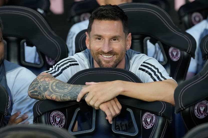 Inter Miami forward Lionel Messi smiles before a Leagues Cup soccer match against Cruz Azul,...