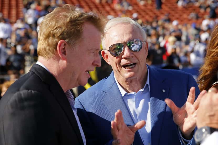 FILE - NFL commissioner Roger Goodell (left) visits with Cowboys owner Jerry Jones before a...
