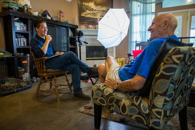 Andy Fancher, 18, interviews WWII U.S. Navy veteran Bob Gagnon, 92, in Mansfield, Texas.