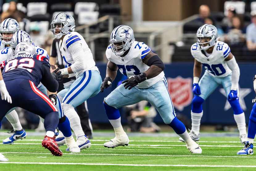 Dallas Cowboys offensive tackle Tyler Smith (73) is seen during the first half of an NFL...