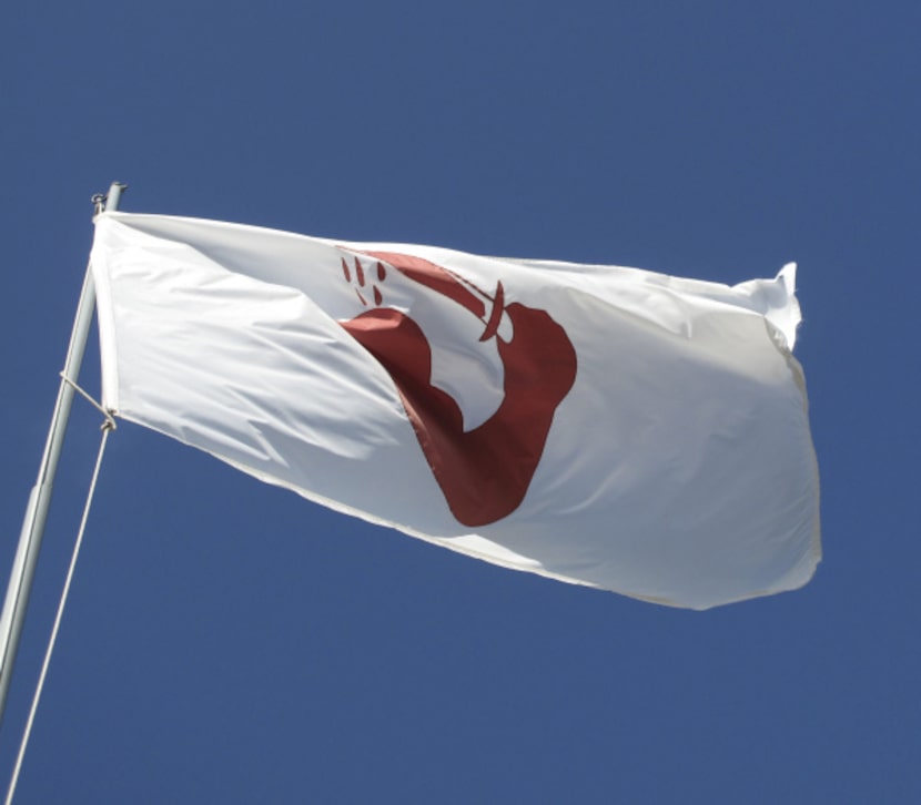 Nine flags from Texas history, including the 1835 severed arm banner, fly at the old fort.