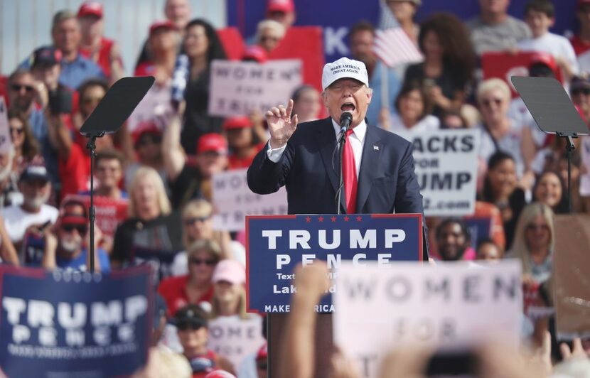 Trump campaigns Oct. 12 at a hangar in Lakeland, Fla.