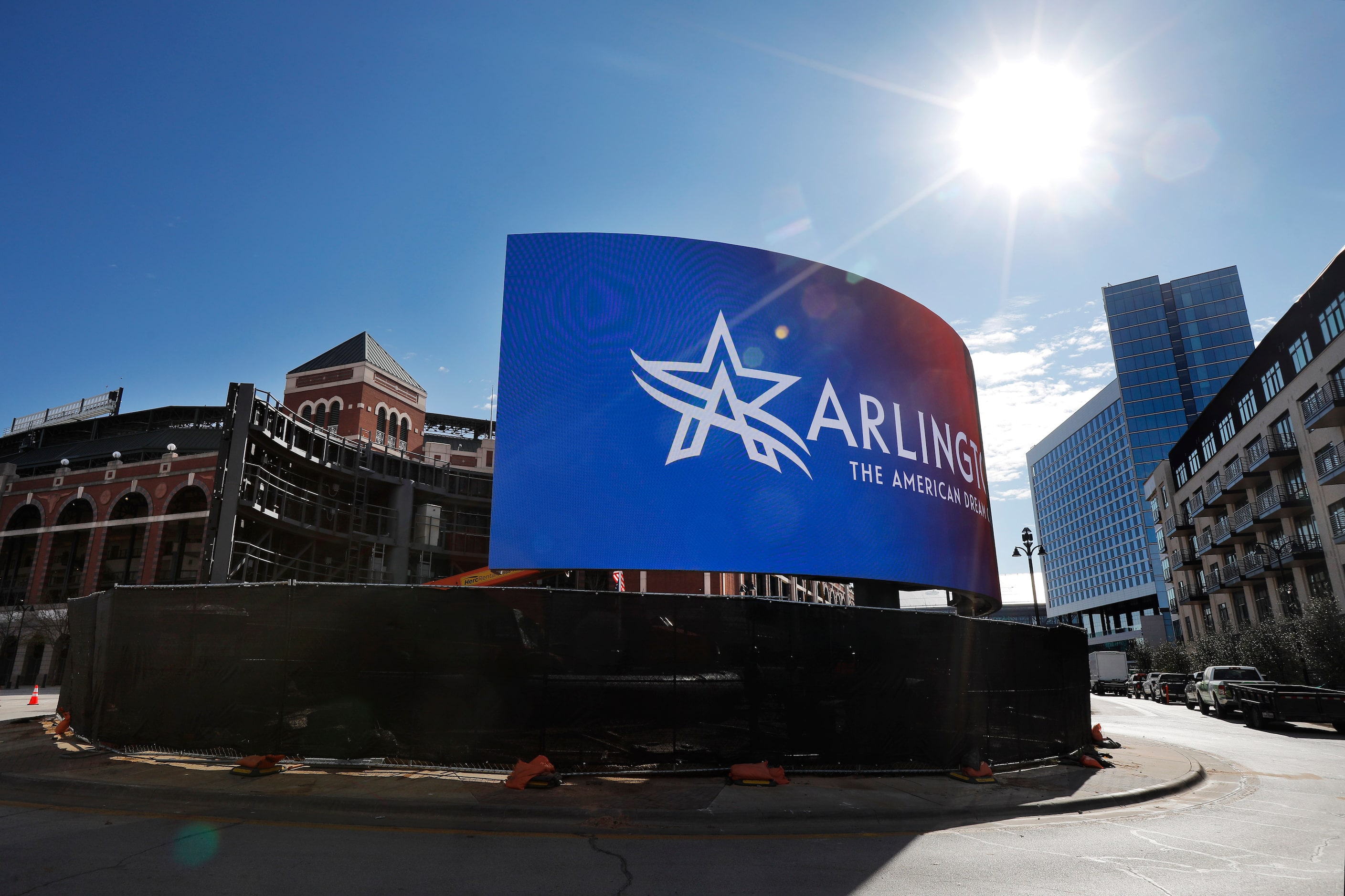 Curved video billboards are being installed in the traffic circle outside Choctaw Stadium in...