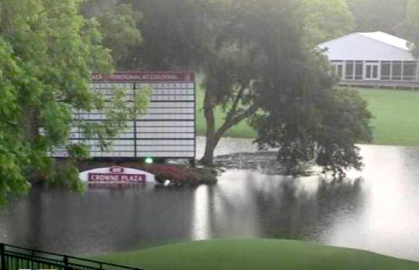 Tweeted photo of high water on the 18th hole at Colonial Country Club in Fort Worth Sunday,...