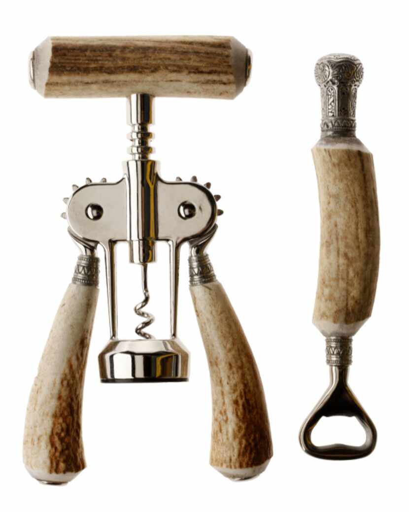 Rustic bar accessories with elk antler handles include an 8-inch bottle opener ($69) and...