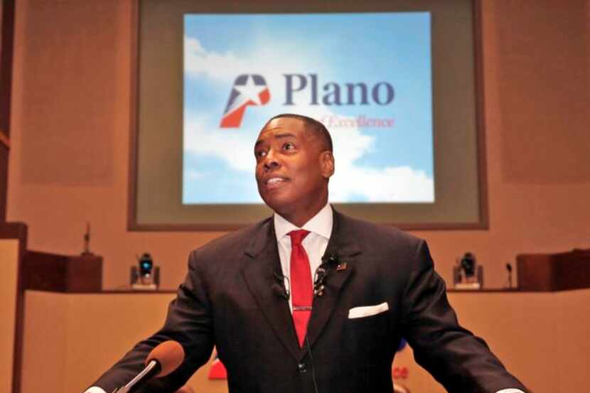 
Plano Mayor Harry LaRosiliere speaks on April 28 about Toyota moving its manufacturing,...