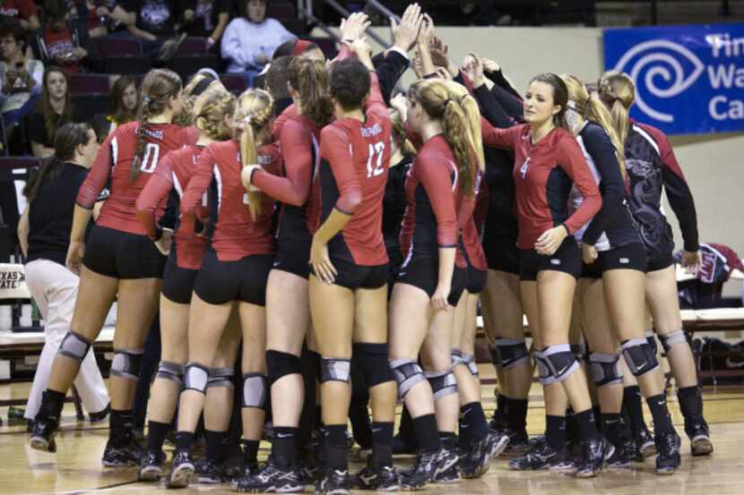 Lucas Lovejoy prepares to break from their huddle during their Class 3A volleyball UIL...
