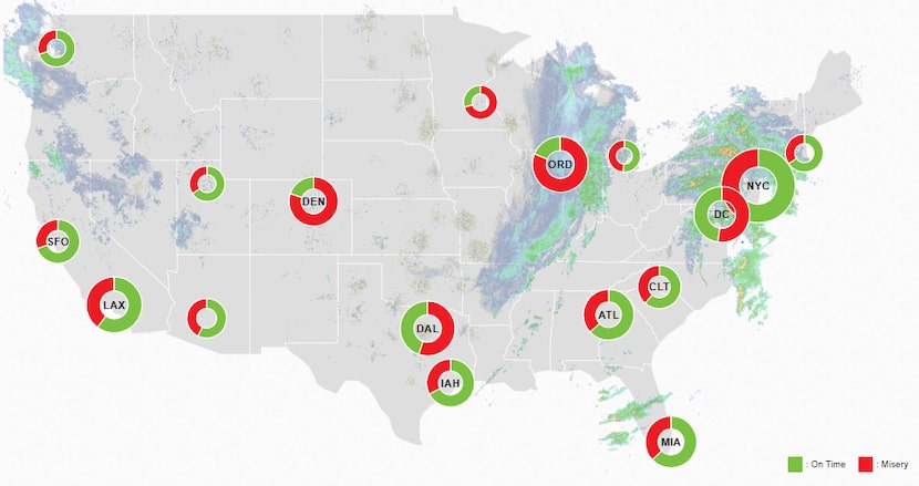 At 5 p.m. Thursday, FlightAware.com's misery map shows the widespread impact on the storm on...