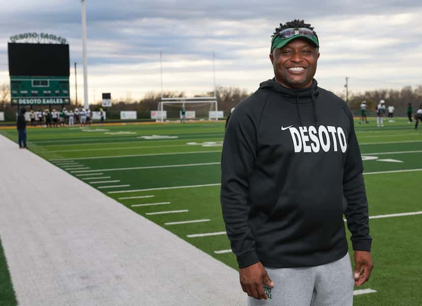 DeSoto High School head coach Claude Mathis at Eagle Stadium, Tuesday, Dec. 13, 2022, in...